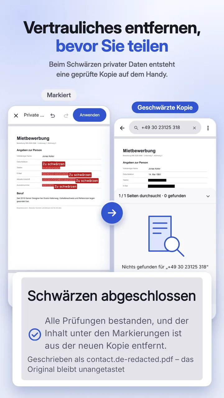 Vertrauliche Inhalte geschwärzt, die Schwärzung geprüft