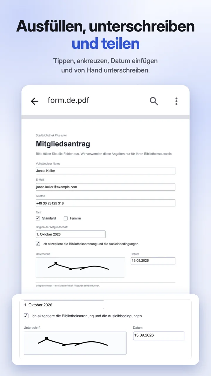 Ein Formular wird ausgefüllt und von Hand unterschrieben