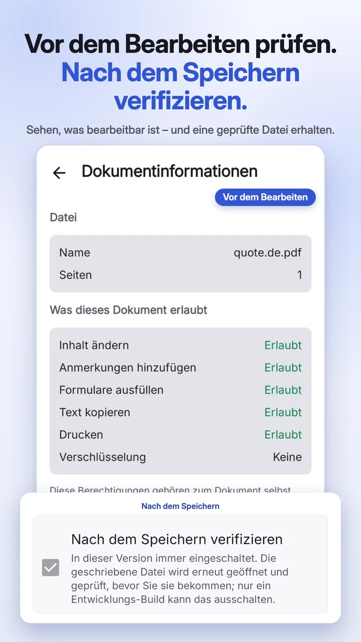 Die Dokumentprüfung, die auflistet, was sich bearbeiten lässt