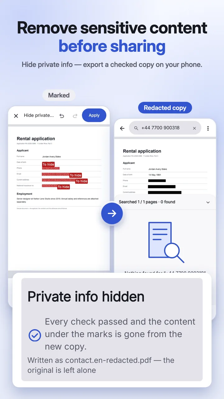 Private content hidden and the redaction verified