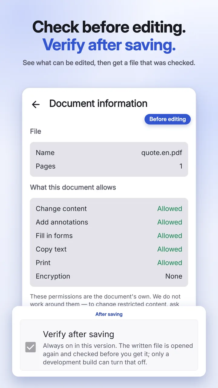 The document check that lists what can be edited