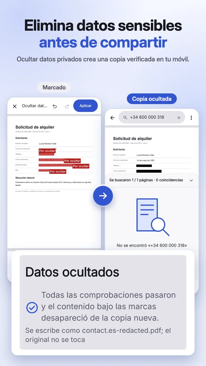 Contenido sensible oculto y la ocultación verificada