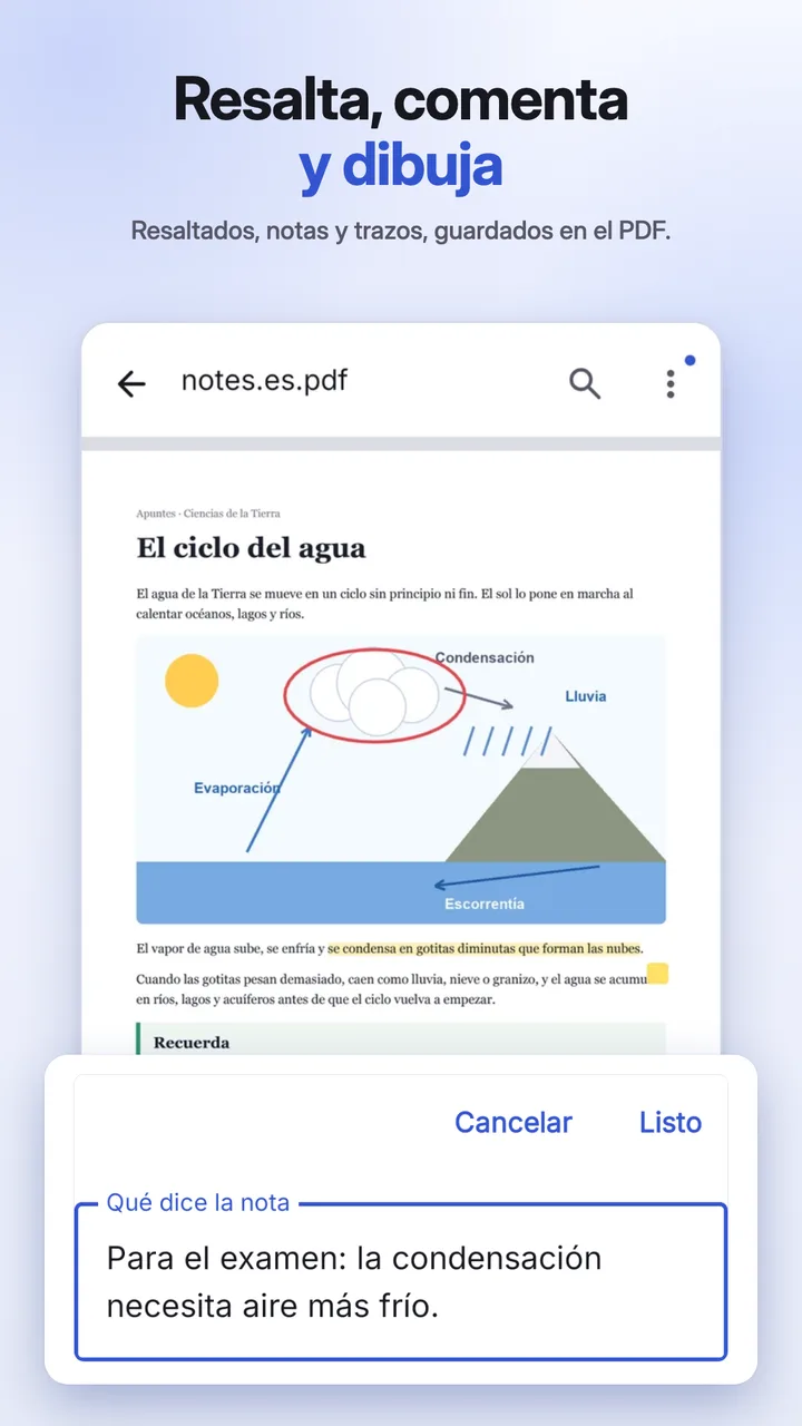 Una página con un subrayado y una nota añadidos