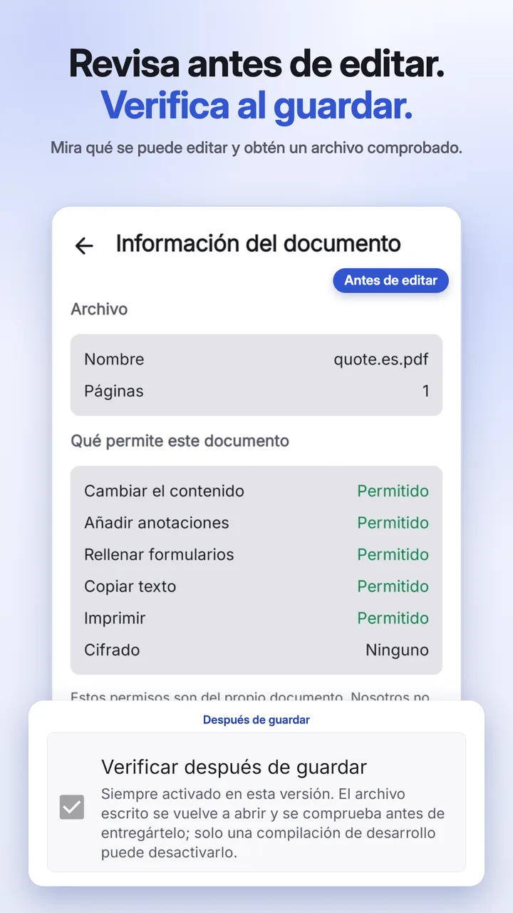La comprobación del documento que enumera lo que se puede editar