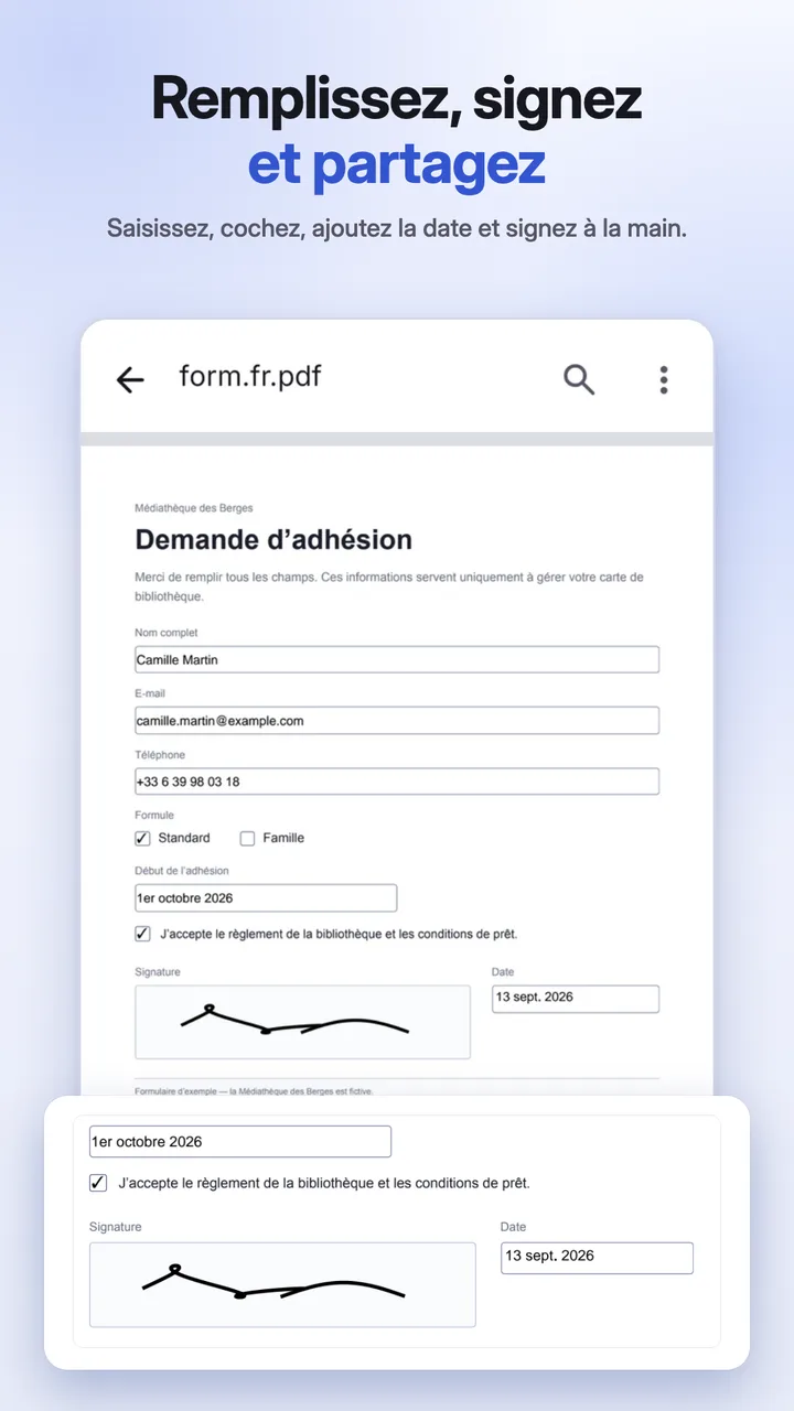 Un formulaire rempli et signé à la main