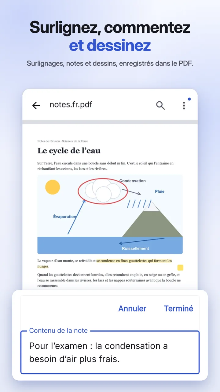Une page avec surlignage et note ajoutés