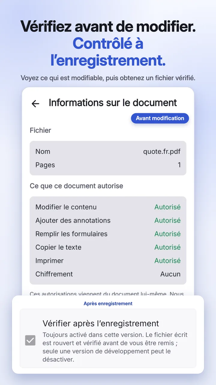 La vérification du document qui liste ce qui est modifiable