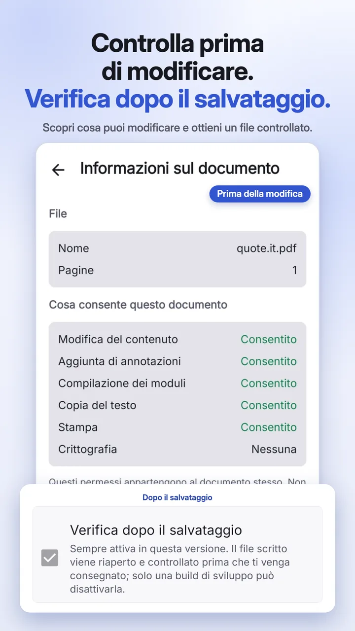 La verifica del documento che elenca cosa si può modificare