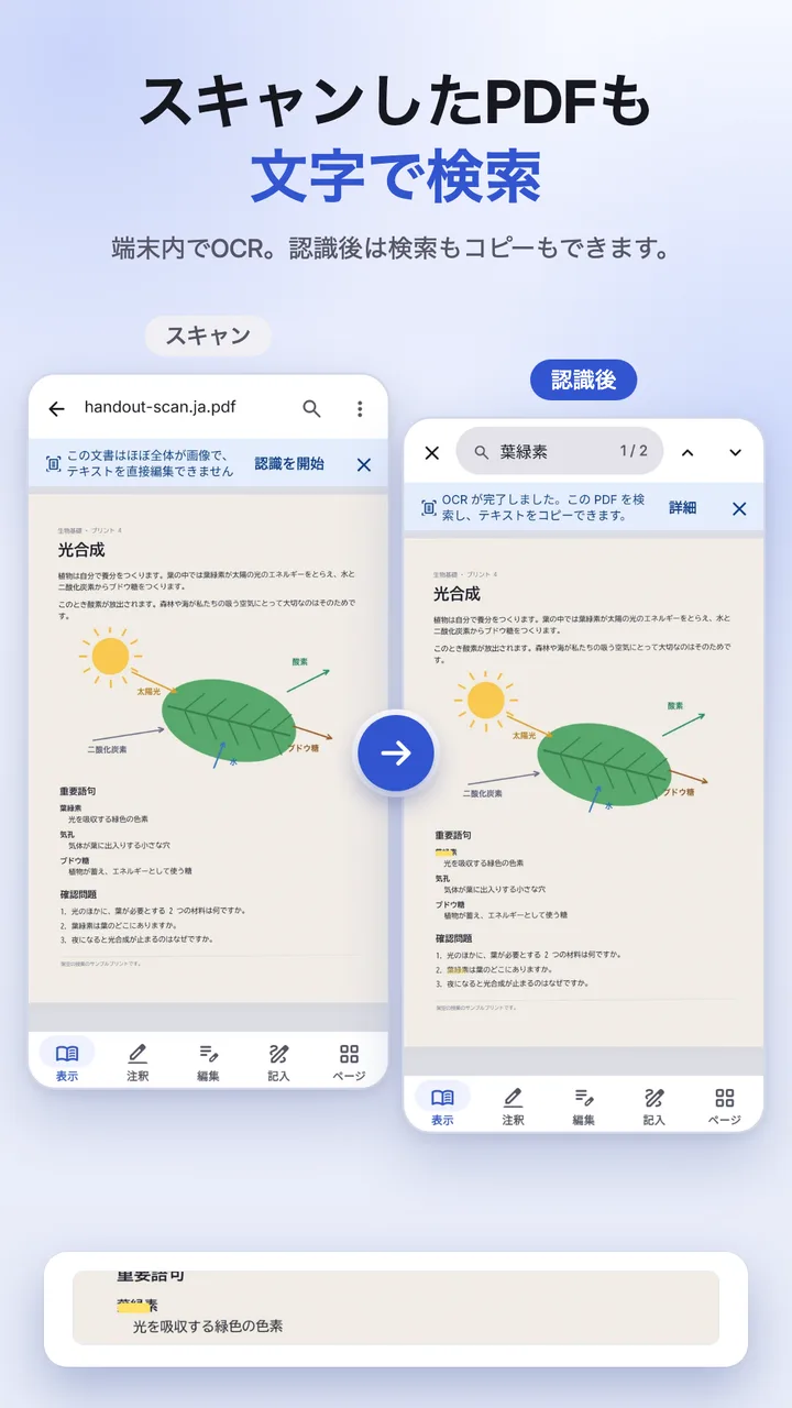 スキャンを検索し、認識した文字が見つかるところ