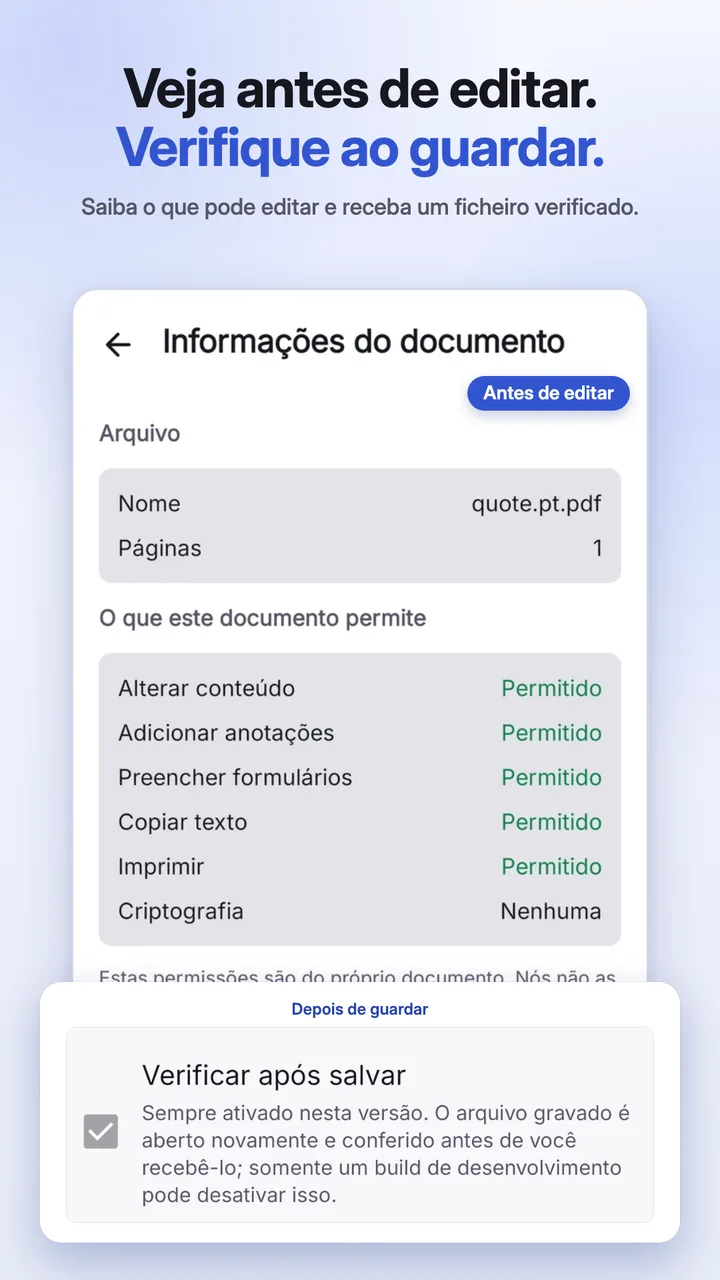 A verificação do documento que lista o que pode ser editado