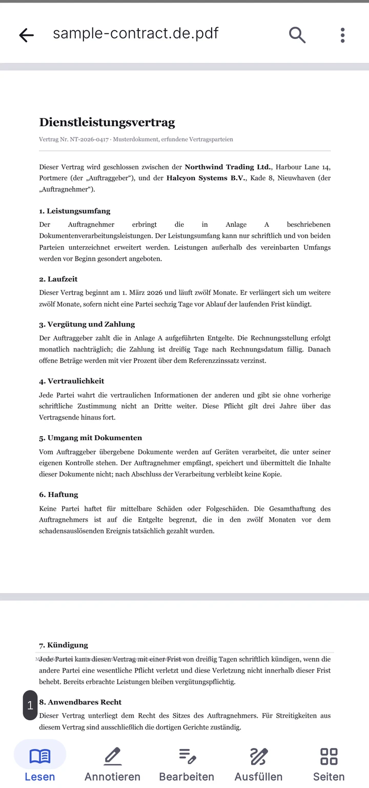 PDFMason mit einem zweiseitigen Vertrag; unten die Werkzeuge zum Lesen, Kommentieren, Bearbeiten, Ausfüllen und Verwalten der Seiten