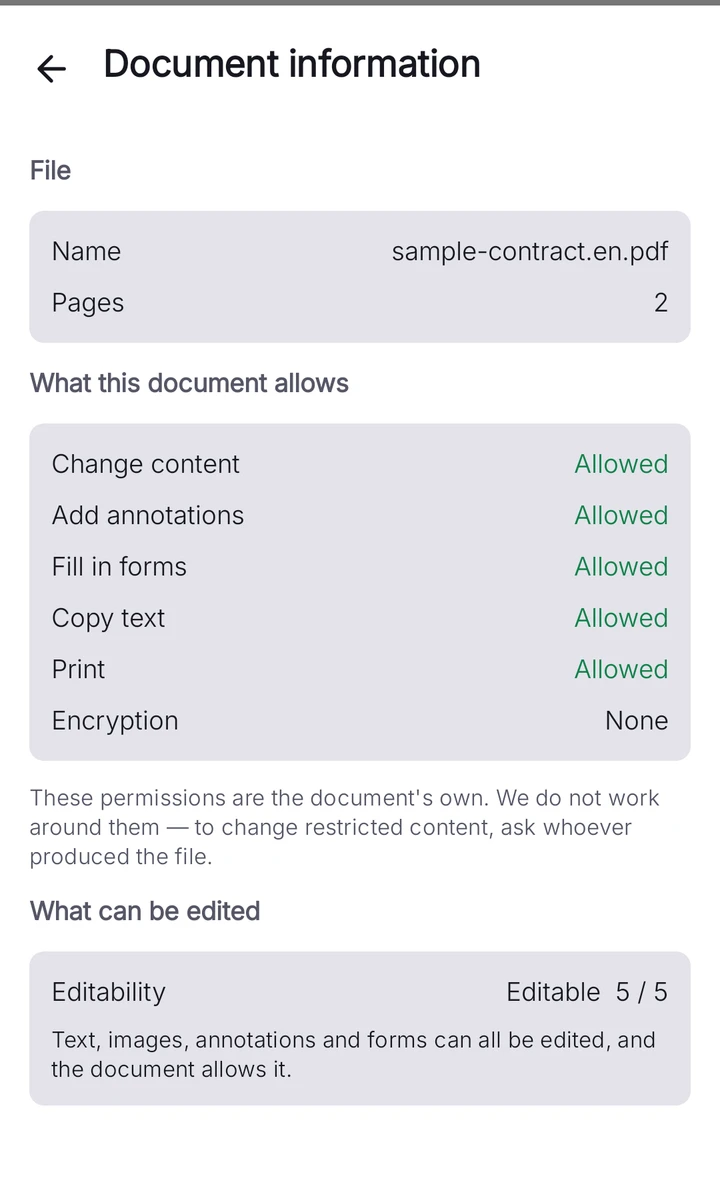 PDFMason's document information panel, showing this contract graded 5/5 editable with every permission allowed