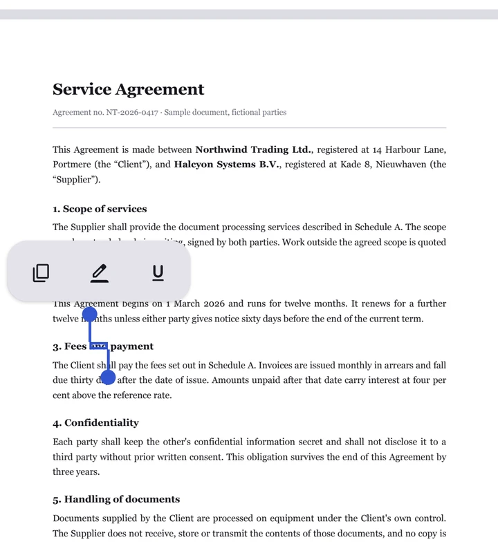 A long press on a clause selects it, raising handles at both ends and a toolbar with copy, edit and underline