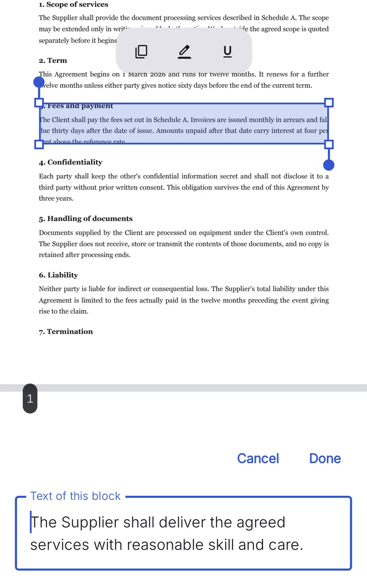 The edit bar holds the replacement sentence while the original paragraph stays selected on the page above it
