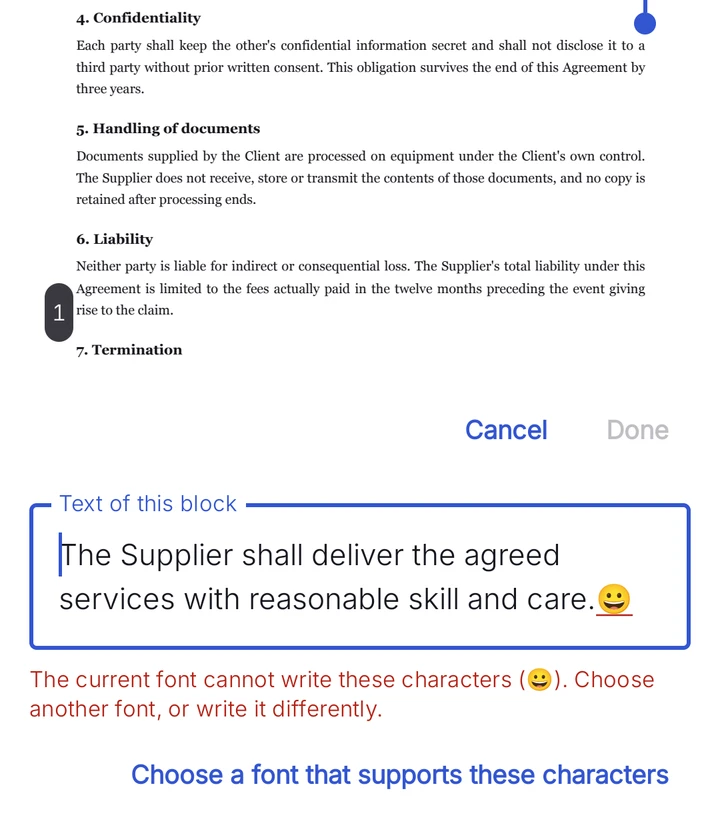 The edit is refused before it is written: the emoji that the embedded font cannot draw is named, with a link to choose a font that can