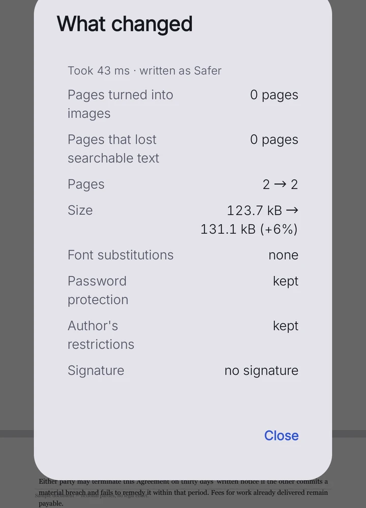 The save report lists what changed — pages in and out, file size, font substitutions, and whether the password and restrictions were kept