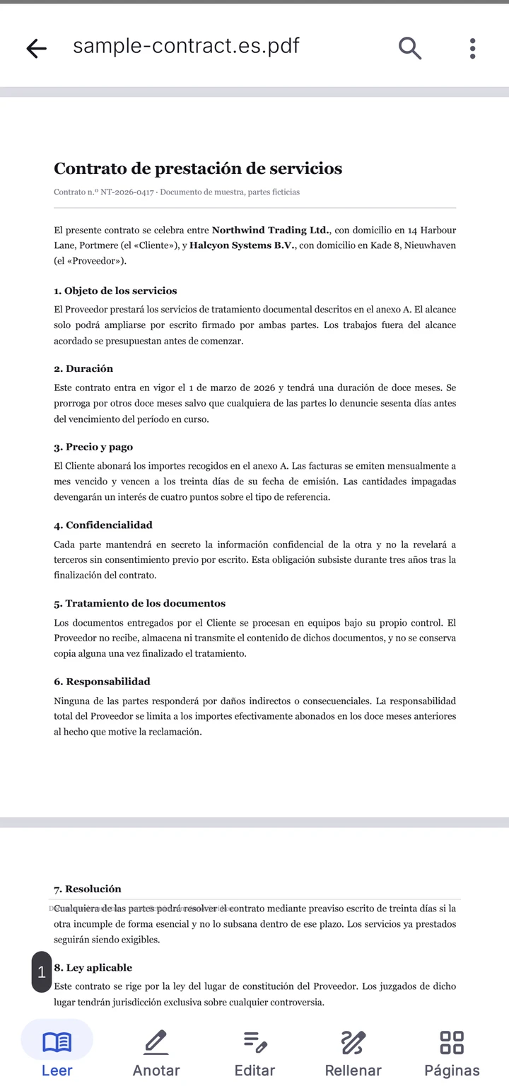PDFMason mostrando un contrato de dos páginas, con las herramientas de lectura, anotación, edición, relleno y páginas en la parte inferior