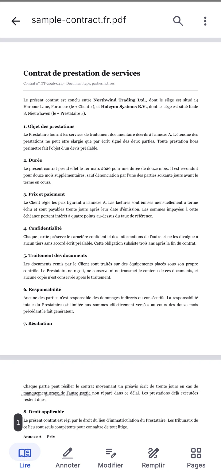 PDFMason affichant un contrat de deux pages, avec en bas les outils de lecture, d’annotation, d’édition, de remplissage et de gestion des pages