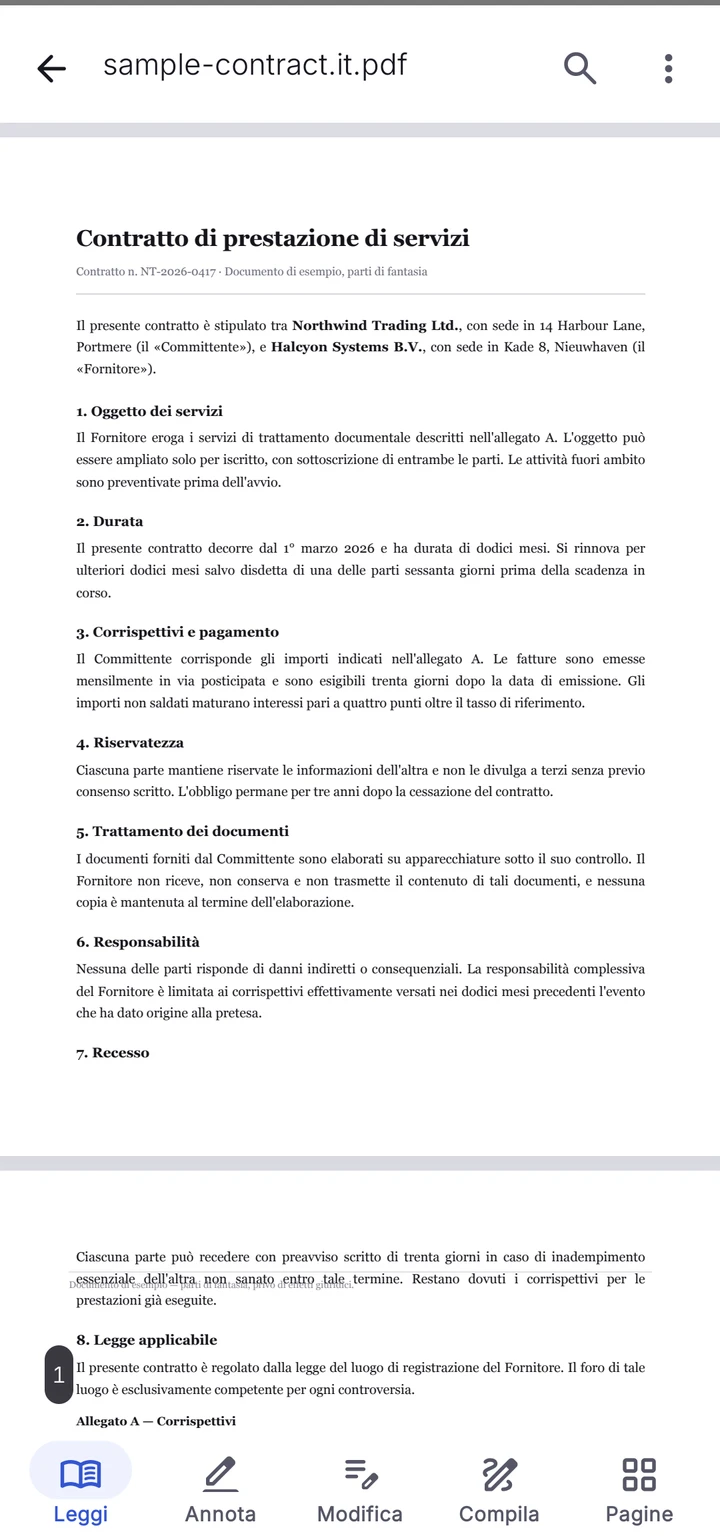 PDFMason con un contratto di due pagine e, in basso, gli strumenti di lettura, annotazione, modifica, compilazione e gestione pagine