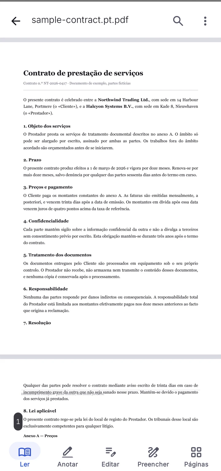 O PDFMason a mostrar um contrato de duas páginas, com as ferramentas de leitura, anotação, edição, preenchimento e páginas na parte inferior